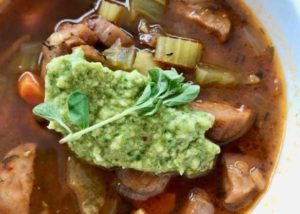 Lentil soup with sausage and pesto